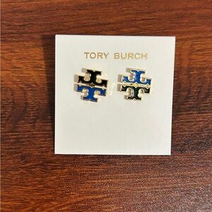 Tory Burch Gold with Enamel Blue and Dark Green Logo Stud Earrings, NWOT